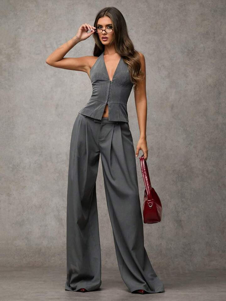 SHEIN BAE Women V-Neck Tied Neck Solid Color Casual Blazer Jacket Striped Suit Vest Sexy Office S... | SHEIN