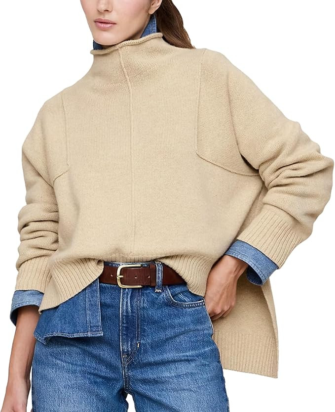 Songling Women Oversized Sweater Knit Tunic Winter Trendy Side Split Rolled Turtleneck Pullover S... | Amazon (US)