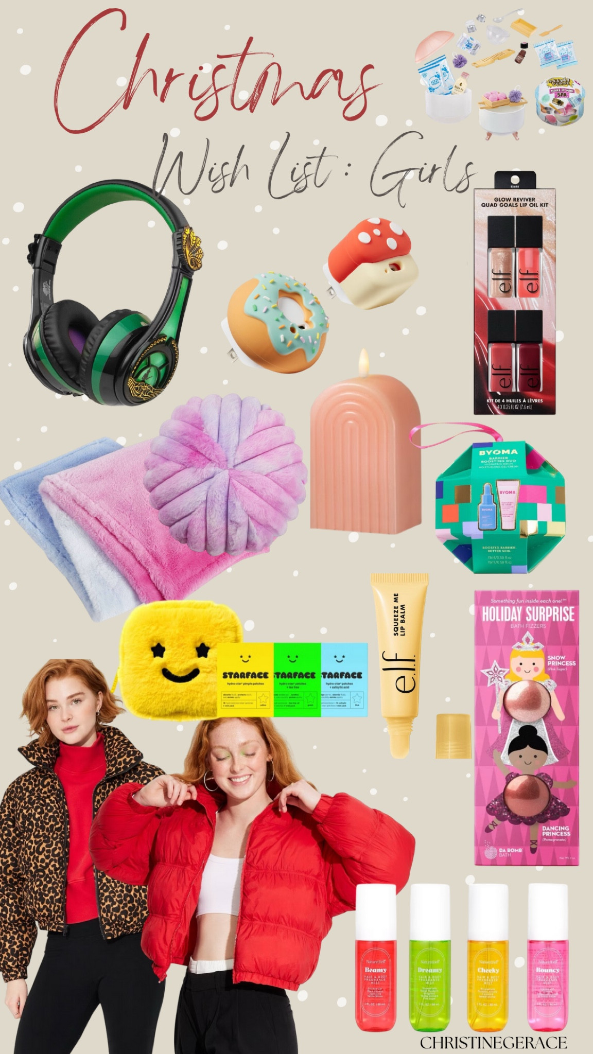 Girls Christmas gift ideas 

Puffer coat, candle, skincare, pillow, blanket, charger, lipgloss, headphones 

#LTKGiftGuide #LTKCyberWeek #LTKHoliday