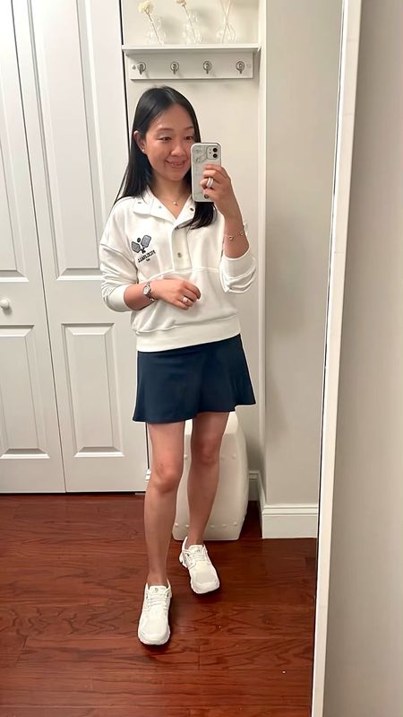 Pickleball pullover in XXS regular

Exact skort is old but linked to a cute scalloped version.

Sneakers run true to size

Have a question for me? You can now leave comments on the LTK app and I'll get notfied so that I can get back to you!

#LTKFindsUnder100 #LTKActive #LTKOver40