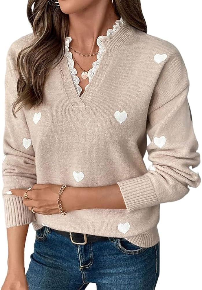 Cute Heart Print Sweater for Women - V-Neck Sweater Pullovers with Lace Trim, Knit Jumper | Amazon (US)