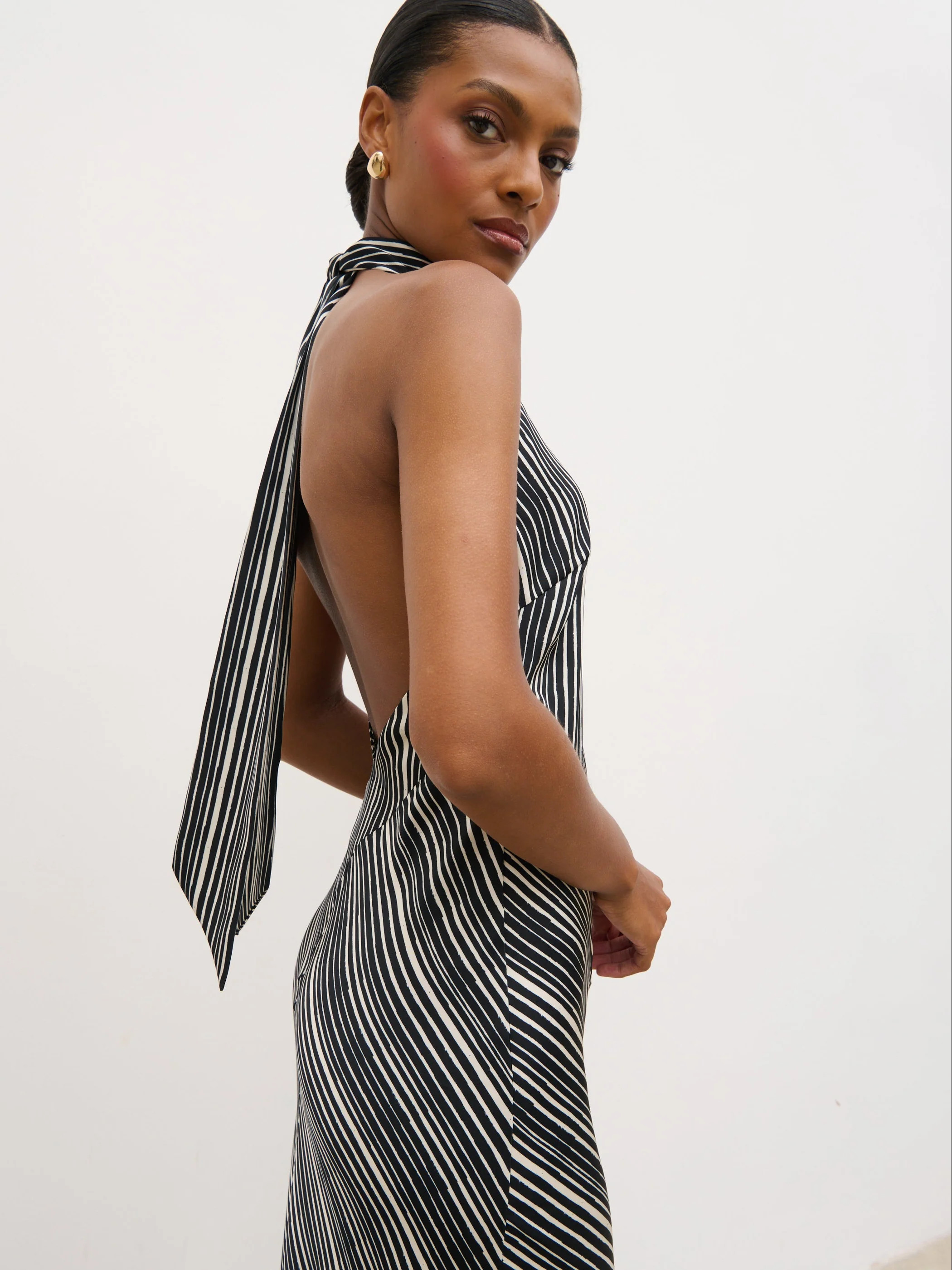 Jemima Cowl Neck Maxi Dress - Black and Cream Abstract Stripe | Pretty Lavish (UK)