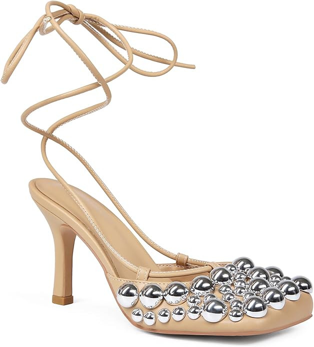 Saint Leia Women's 4IN High Heel Sandals Nude Stiletto Pumps with Gold Silver Pearls Heels for We... | Amazon (US)