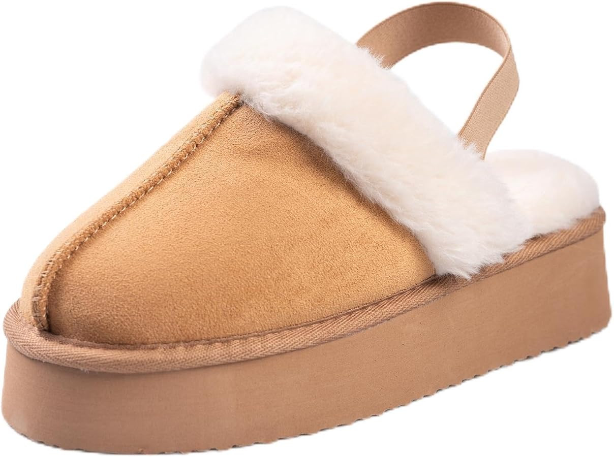 Women's Platform Slippers, Suede Fuzzy Slippers with Strap | Amazon (US)