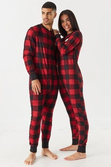 Unisex Fammy Jammies Plaid Bear Naked Graphic Onesie | Urban Planet