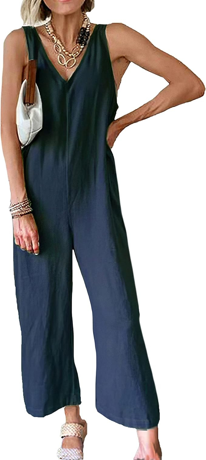 Women’s Linen Cotton Loose Fit Jumpsuits Casual V Neck Sleeveless Jumpsuit Long Pants Overalls | Amazon (US)