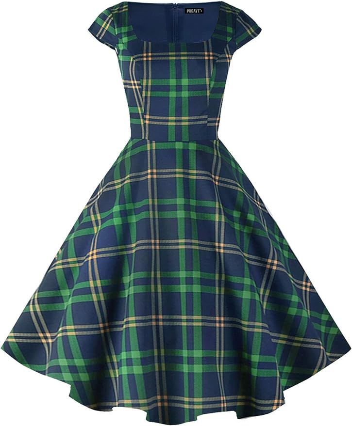 PUKAVT Women's Cocktail Party Dress Cap Sleeve 1950 Retro Swing Dress with Pockets Green Plaid S ... | Amazon (US)