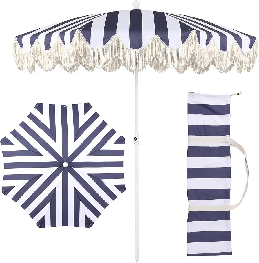 JONATHAN Y UMB1003N Mariner 6.5 ft. Cottage Fringe Tassel Market Beach Umbrella with Push Button ... | Amazon (US)