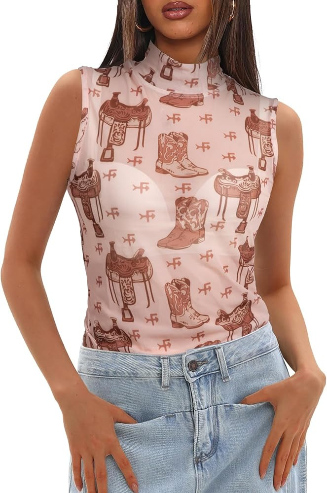 Western Mesh Tank Top Women Cowboy Rodeo See Through Mock Neck Sleeveless Tops Sexy Cowgirl Summe... | Amazon (US)