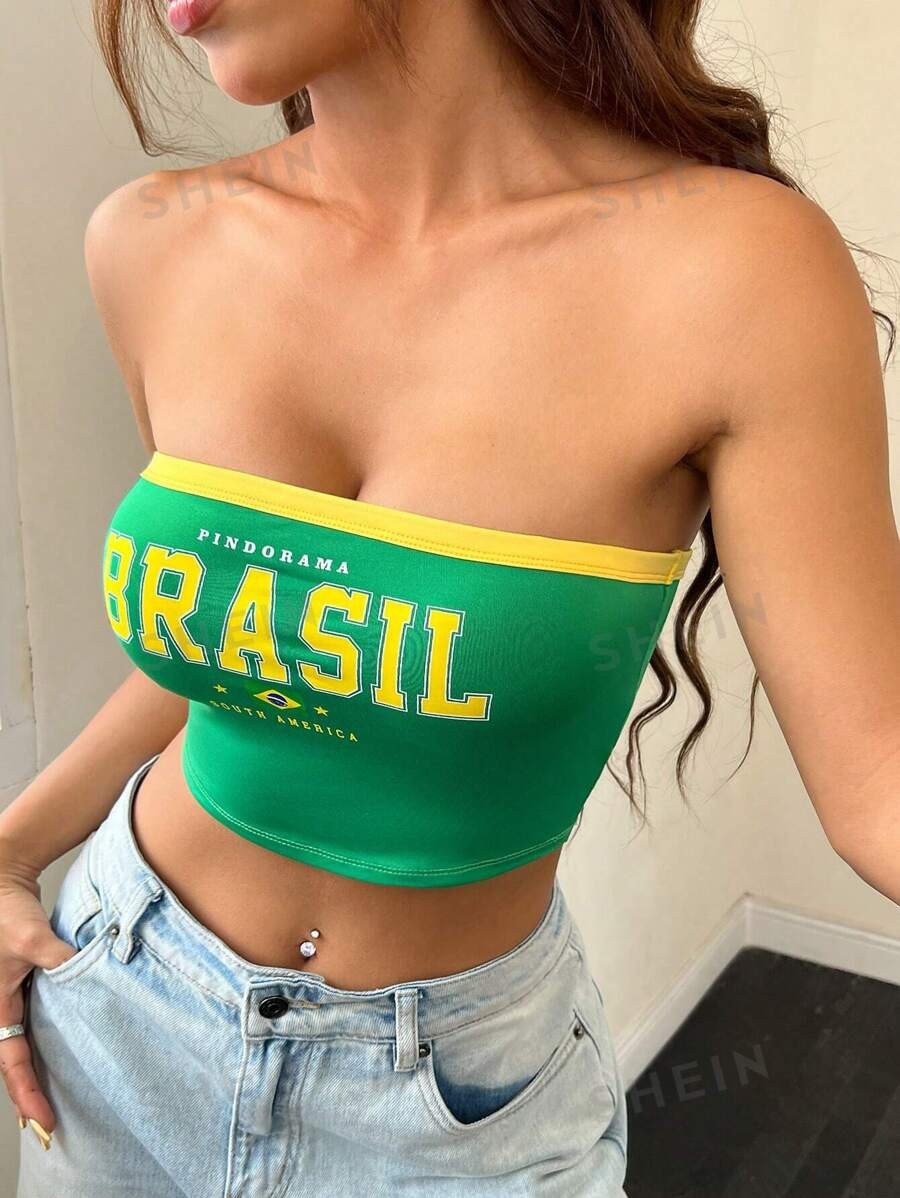 SHEIN EZwear Brazilian Print Strapless Top, Team Style | SHEIN