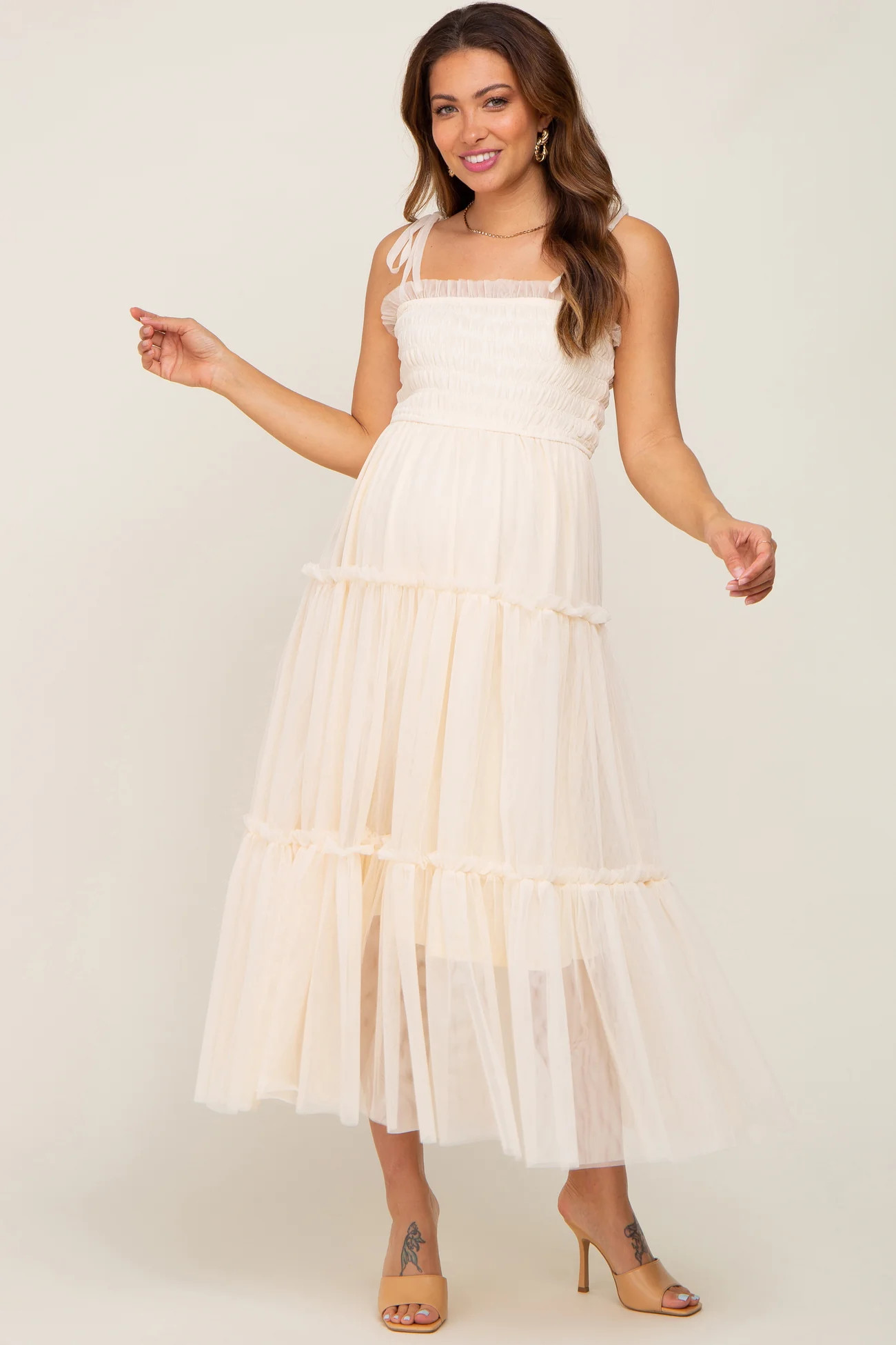 Cream Smocked Mesh Maternity Midi Dress | PinkBlush Maternity