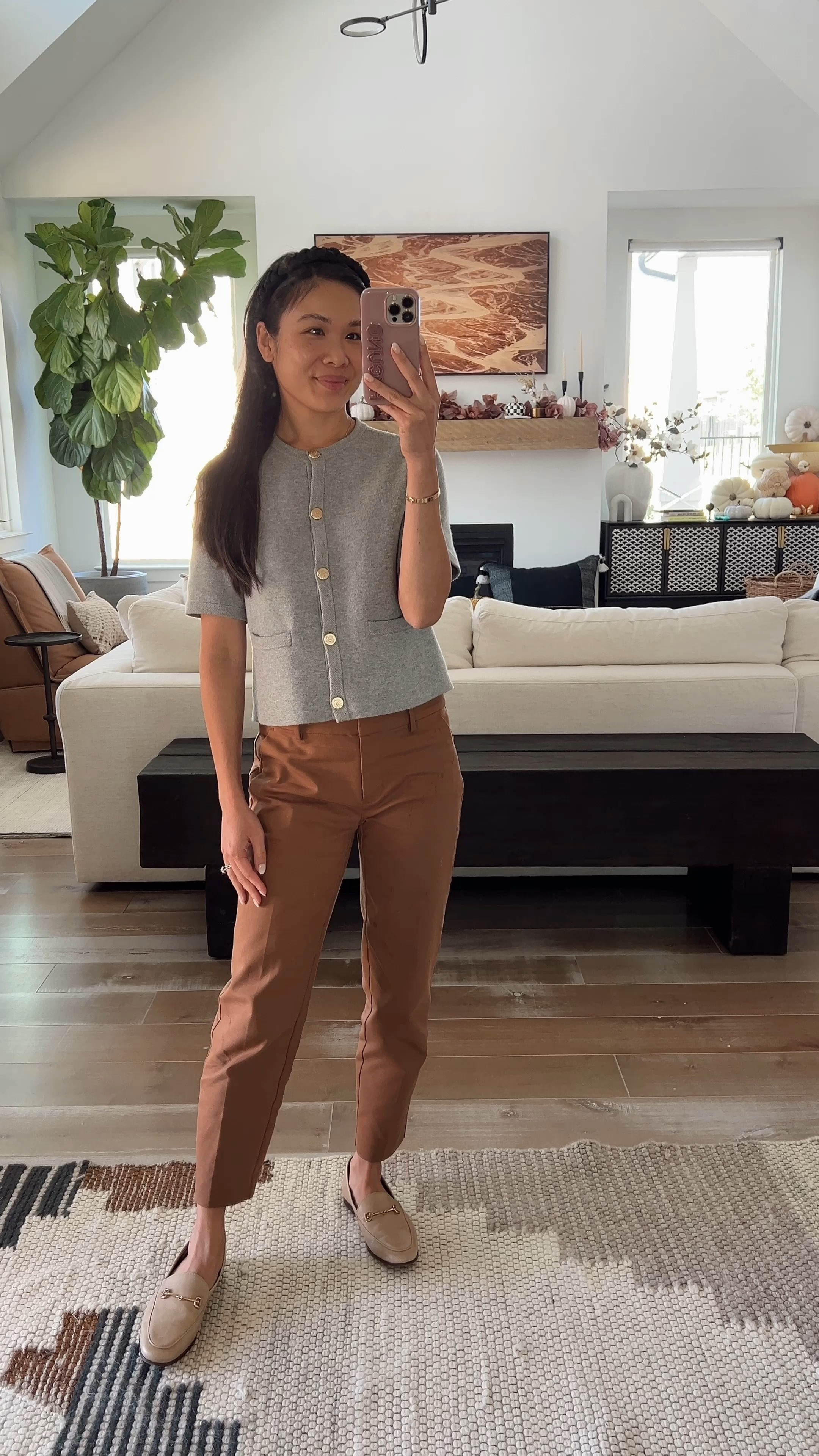 Business casual outfit for fall with a chic button front sweater jacket and brown trousers. There are great work pants that are comfortable with a little bit of stretch. They do run big, wearing size petite 00 and they are a hair big. Top fits true to size. My loafers are on sale with code STYLE  

#LTKWorkwear