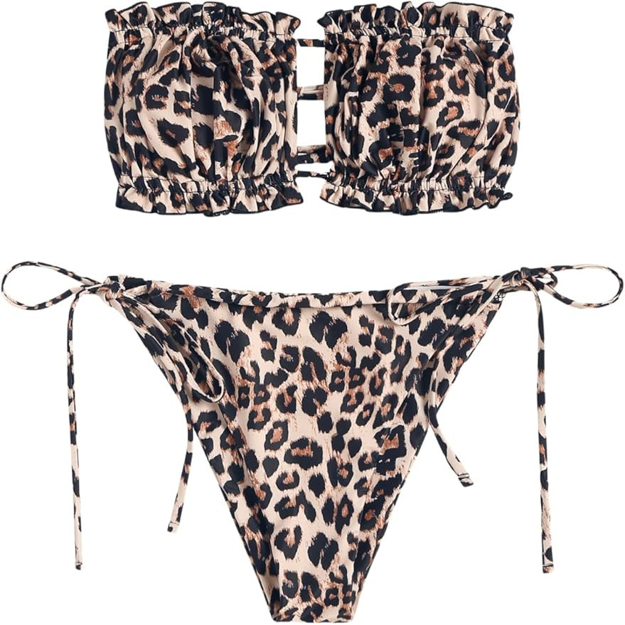 ZAFUL Women 2 Piece Strapless Bikini Swimsuits Ruffle Ribbed Self Tie Bandeau Bikini Set High Cut... | Amazon (US)