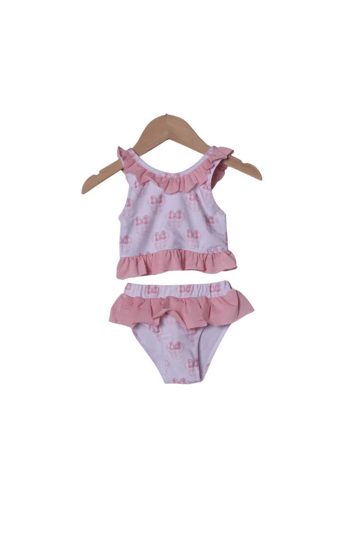 Watercolor Pink Gingham Mouse Ruffle 2Pc Swimsuit | The Smocked Flamingo