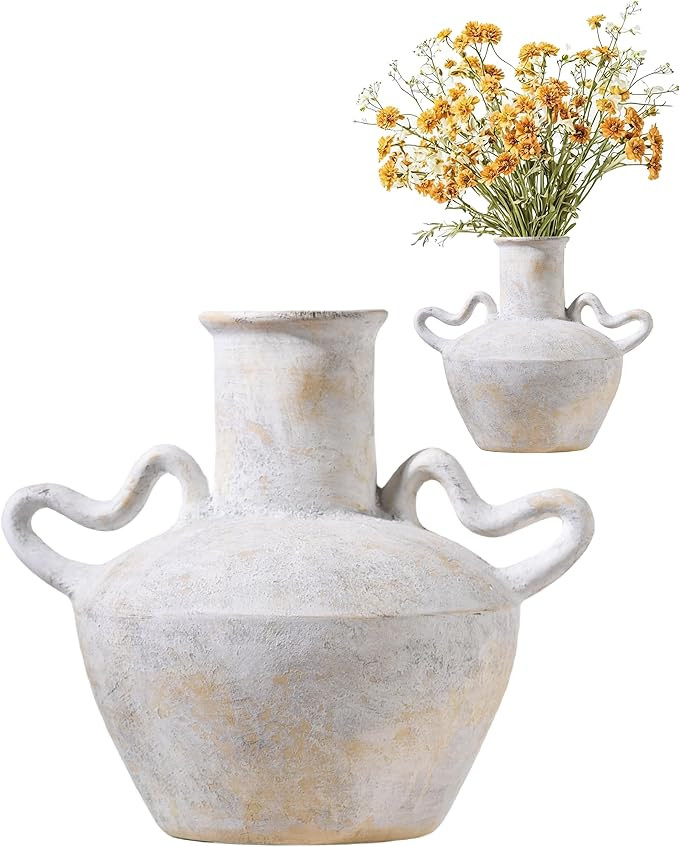 UPWOIGH Ceramic Flower Vase, 9.3 inch Tall Off-White Farmhouse Rustic Vase, Handcrafted Weathered... | Amazon (US)