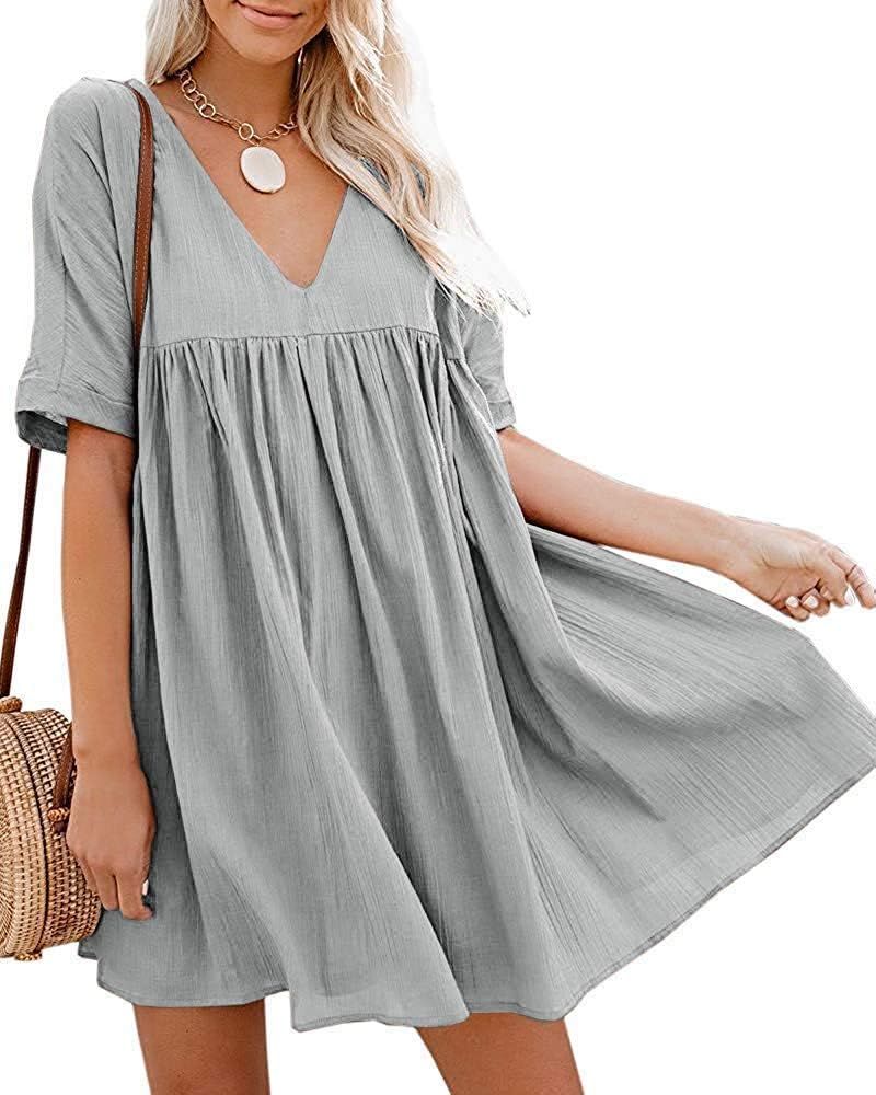 Women's Short Sleeve V Neck Pleated Babydoll Solid Color Tunic Party Swing Mini Dress | Amazon (US)
