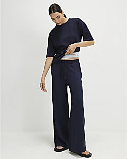 Navy Premium Drawstring Wide Leg Joggers | River Island UK & IE