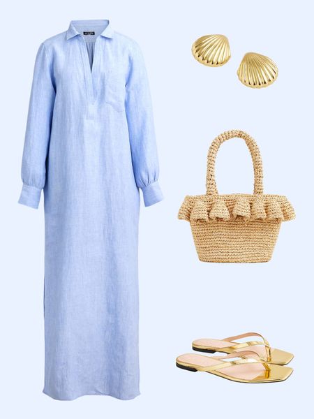 Palm Beach style outfit for spring! Linen maxi dress in blue, raffia ruffle bag, gold sandals, shell earrings.  

#LTKsalealert #LTKover40 #LTKfindsunder100
