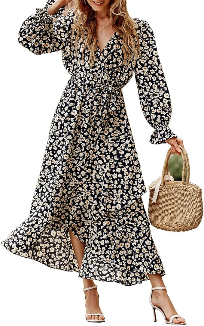 BTFBM Women's Long Sleeve Wrap Dress V Neck Boho Floral Print High Waisted Flowy Ruffle Hem Fall ... | Amazon (US)