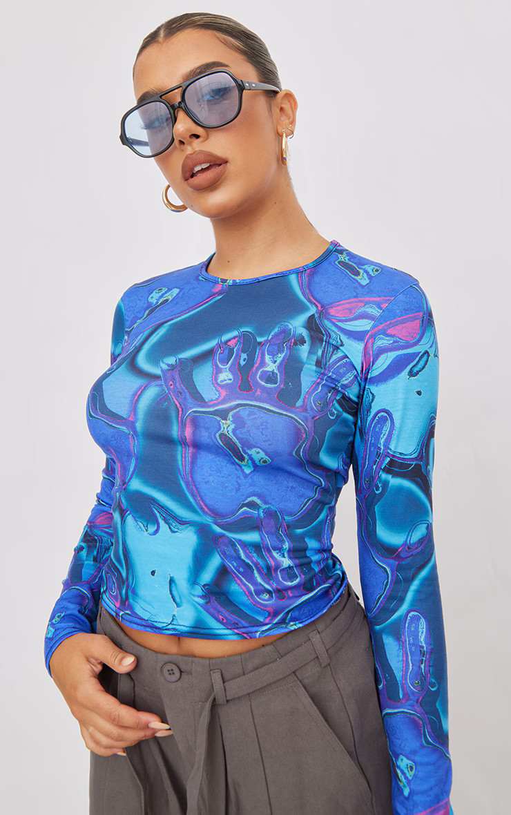Bright Blue Abstract Print Jersey Top | PrettyLittleThing US