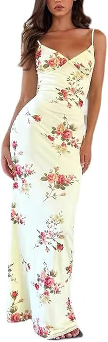 ABINGOO Women Vintage Spaghetti Strap Maxi Dress Sexy Low Cut Backless Floral Satin Slip Long Dre... | Amazon (US)