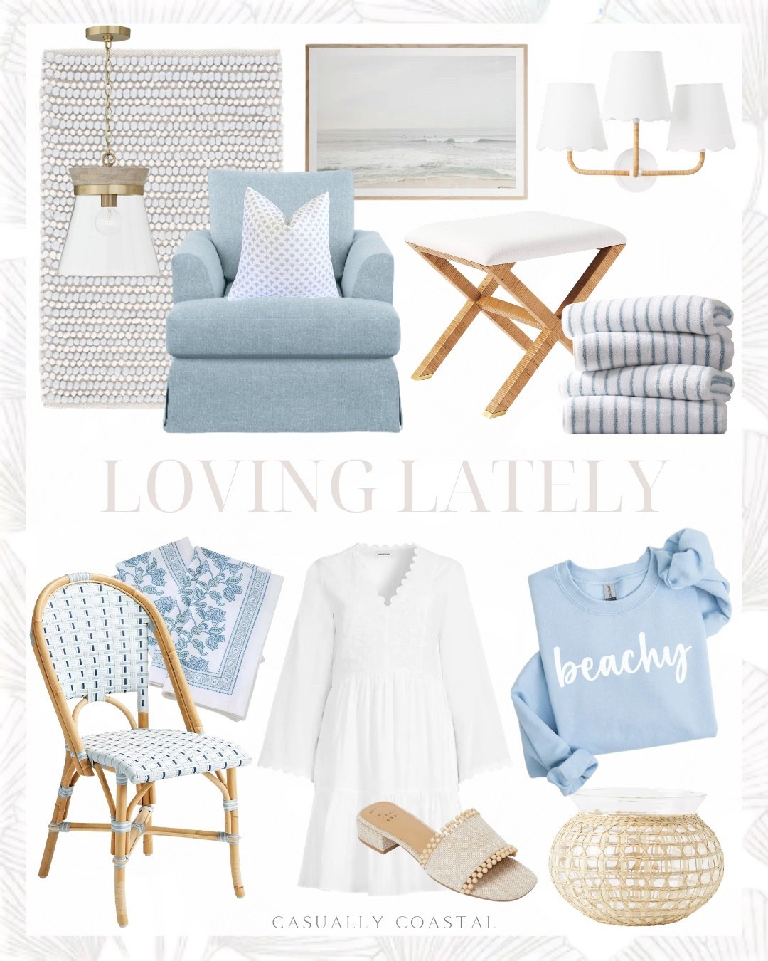 Loving Lately

Coastal home decor, coastal style, coastal rug, coastal chair, coastal stool, coastal accent chair, coastal sandals, coastal sconce, coastal wall art, coastal artwork, coastal towels, coastal pillow, coastal vase, triple sconce, Serena & lily napkins, coastal fabric napkins, stripe Turkish cotton bath towels, brass bell pendant, poplin V neck embroidered dress, white coastal dress, neutral sandals, spring sandals, wayfair rug, neutral and blue rug, flatweave wool rug, light blue and ivory rug, blue slipcovered swivel glider, soft blue palm trees, rattan x-base stool, seagrass vase, rattan basket weave dining chair, Serena & lily dining chair, Etsy wall art, Etsy artwork, surf wall art, beachy sweatshirt, coastal sweatshirt 

#LTKSaleAlert #LTKHome