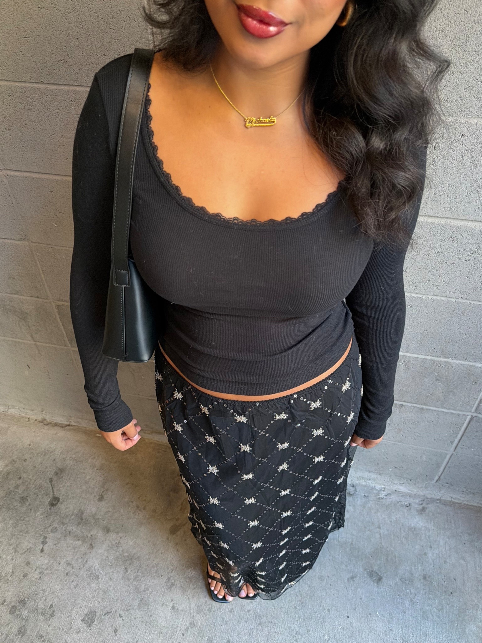 easy/ comfy holiday fit🖤love this sequin skirt & lace top from American Eagle (skirt is stretchy with no zippers! Runs true to size, wearing a L)

#LTKHoliday #LTKFindsUnder50 #LTKMidsize