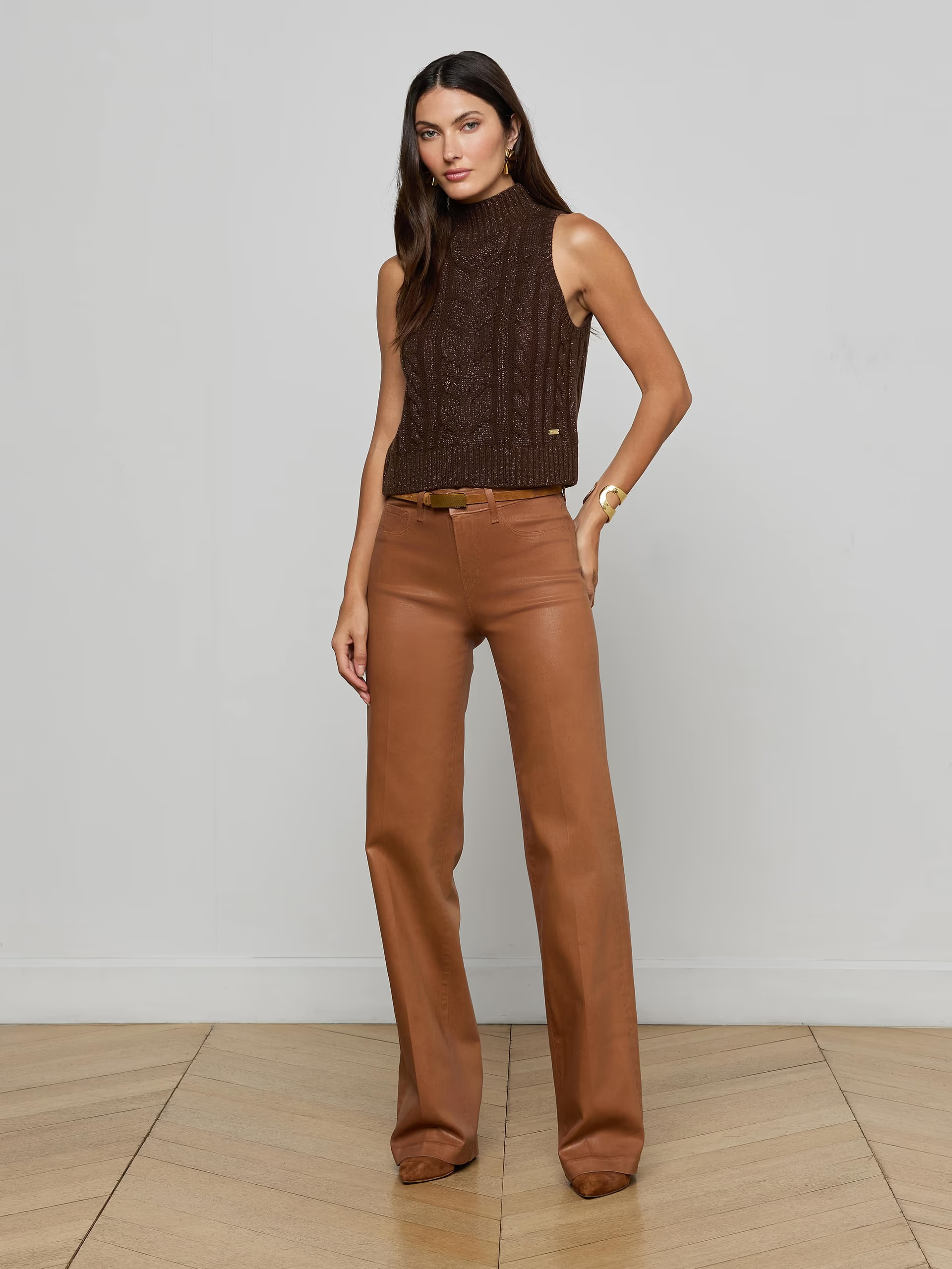 Clayton Coated Wide-Leg Jean in Light Cognac Coated | L'AGENCE | L'Agence