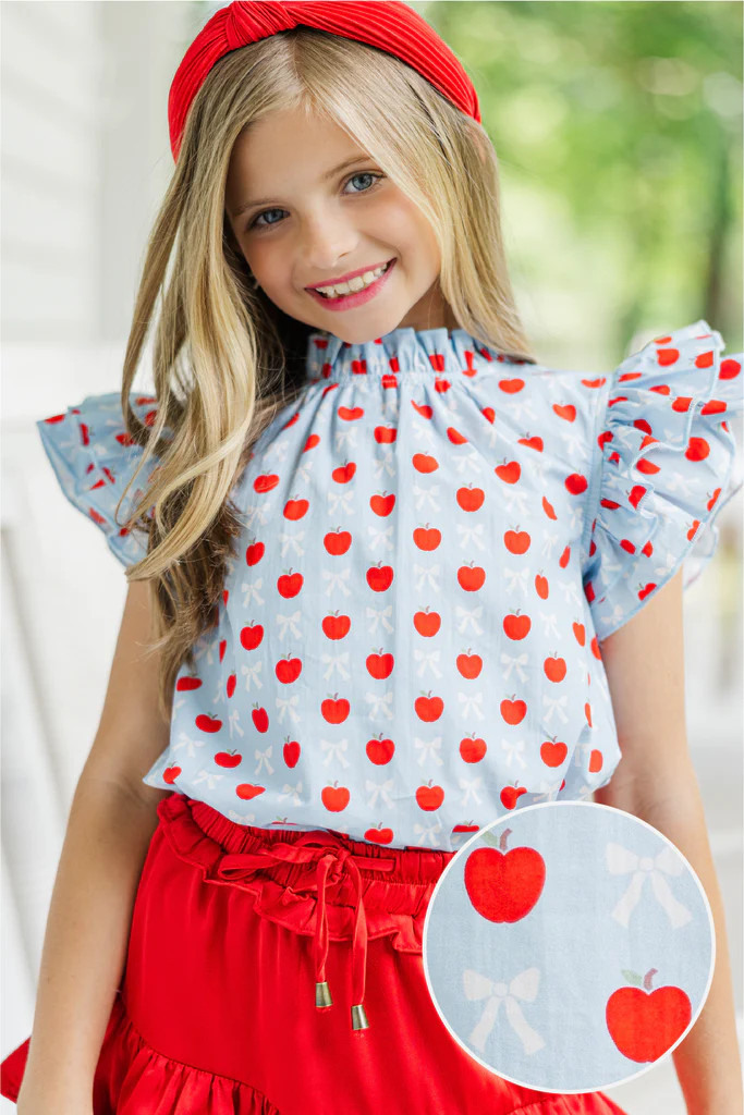 Girls: A True Beauty Light Blue Bows & Apples Print Blouse | The Mint Julep Boutique