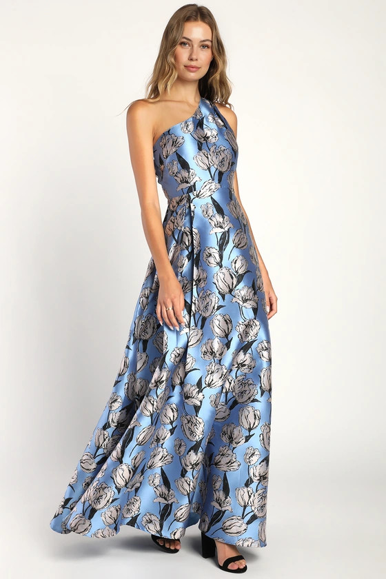 Exquisite Elegance Blue Jacquard One-Shoulder Maxi Dress | Lulus (US)