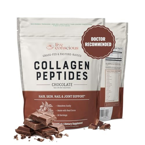 Live Conscious Collagen Peptides Powder - Chocolate Collagen Powder - Hair, Skin, Nail, and Joint Support - Type I & III Grass-Fed Collagen Supplements for Women and Men - 30 Servings - 15oz | Amazon (US)
