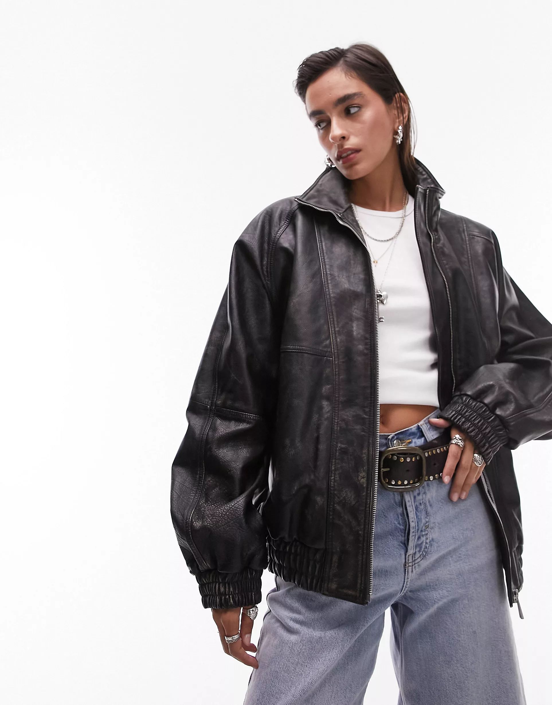 Topshop real leather washed 80s seam bomber jacket in washed black | ASOS (Global)