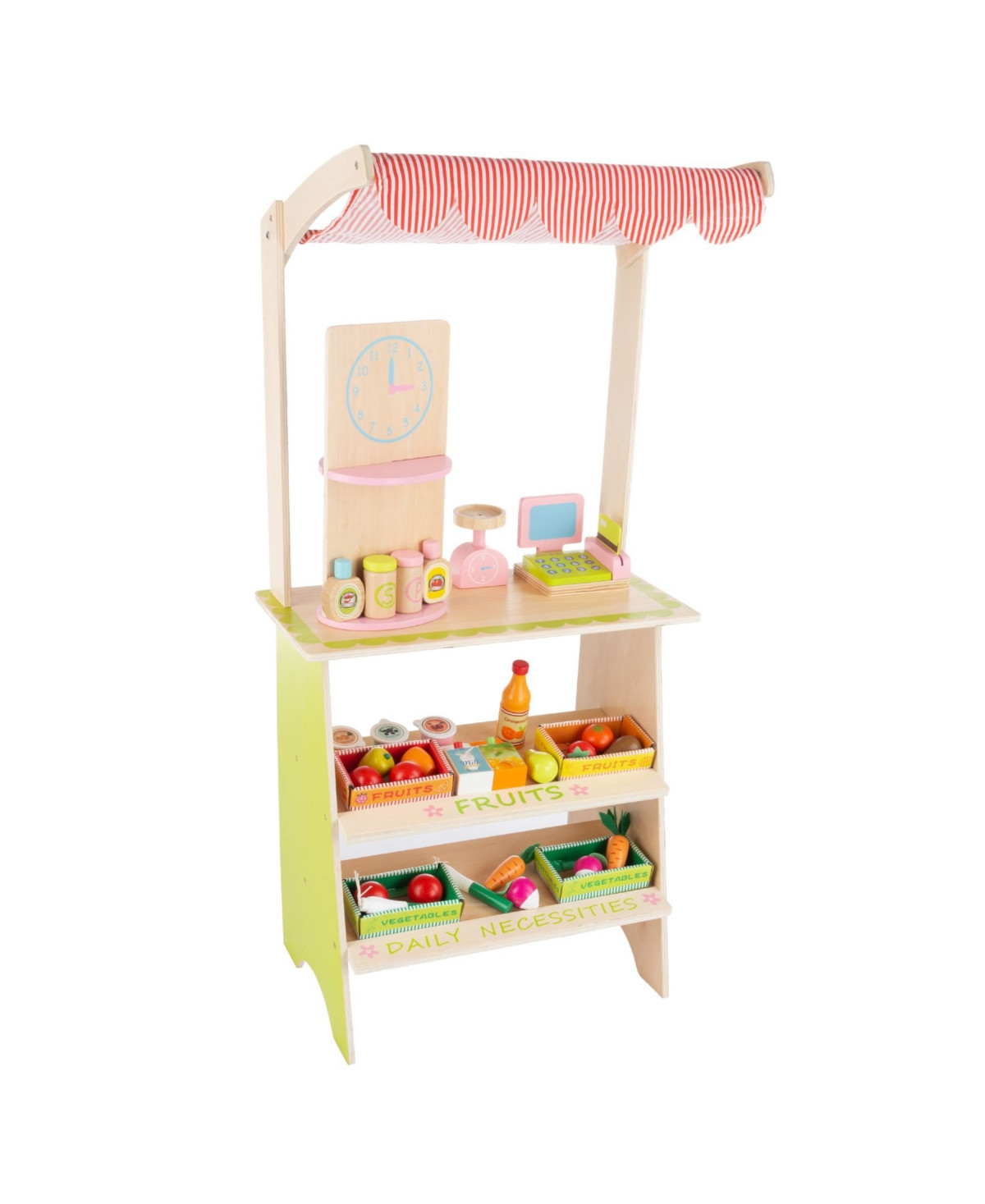 Hey Play Kids Fresh Market Selling Stand - Wooden Grocery Store Playset With Toy Cash Register, Scale, Pretend Credit Card And Food Accessories - Mult | Macy's