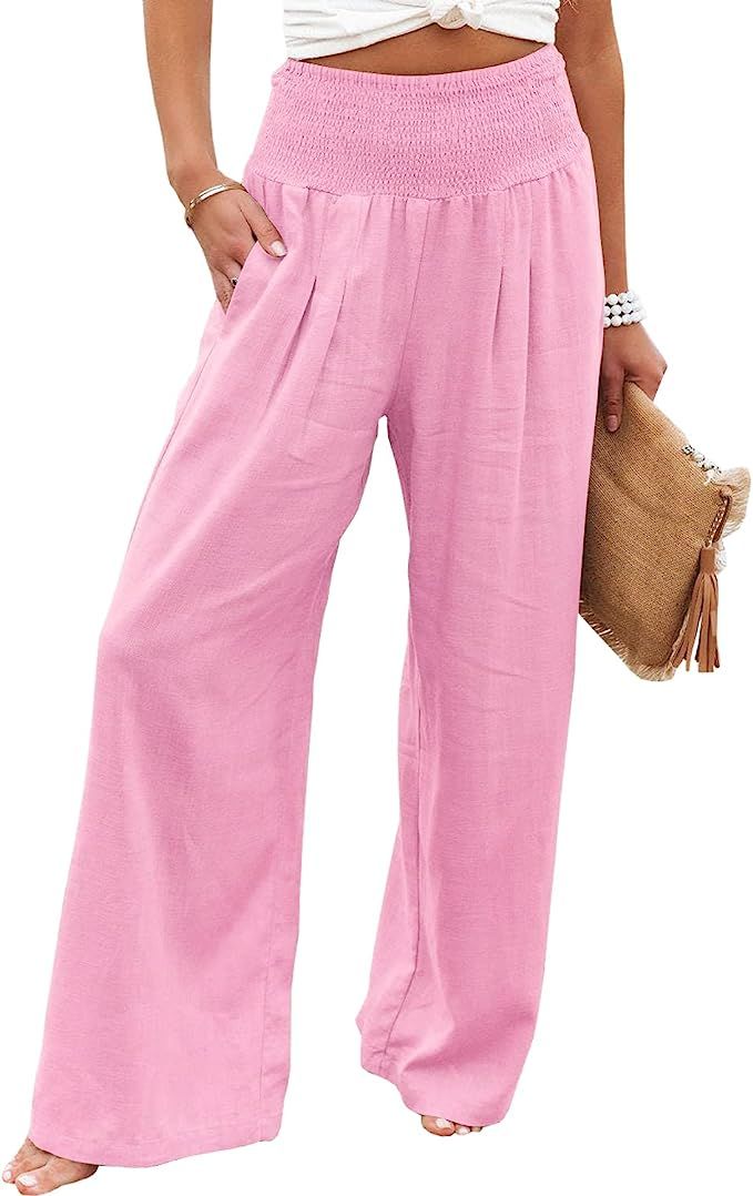 Yanekop Women Casual Wide Leg Palazzo Lounge Pants High Waist Smocked Trousers with Pockets | Amazon (US)