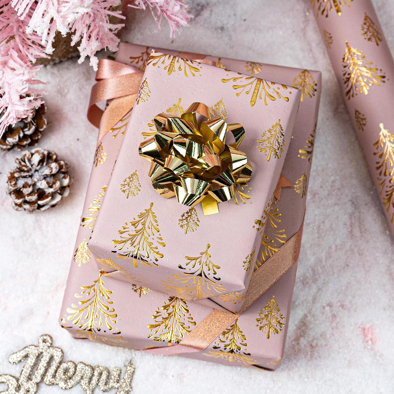 Flyhill Kraft Christmas Wrapping Paper-Pink 3D Embossed Gold Foil Christmas Pine Tree with Woodla... | Amazon (US)