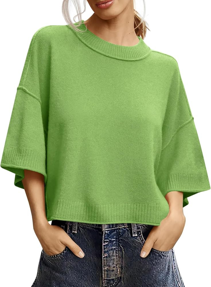 Saodimallsu Womens Short Sleeve Sweater Summer Oversized Cropped Sweaters Casual Crewneck Lightwe... | Amazon (US)