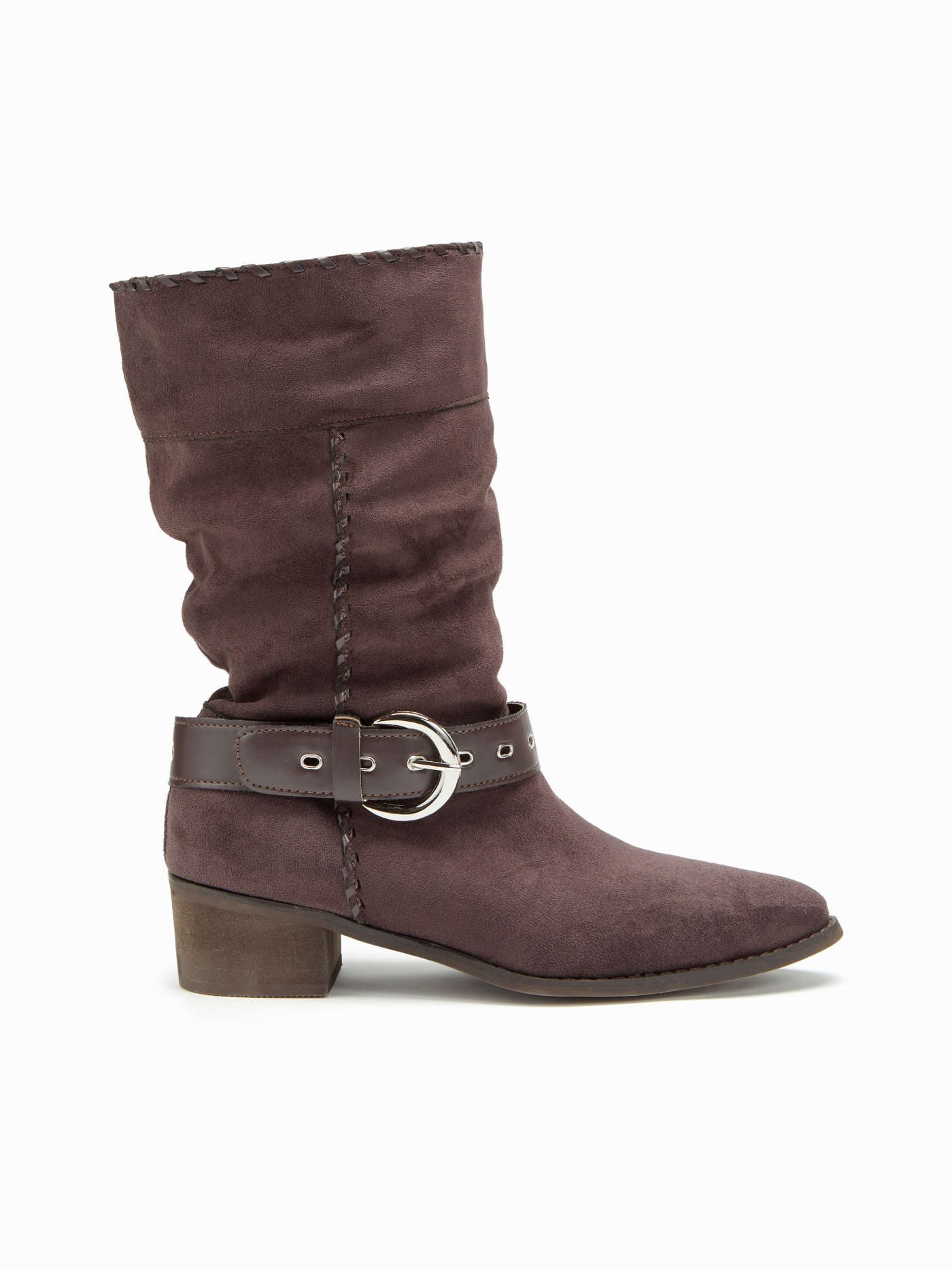 FAUX SUEDE POINTED TOE CHUNKY HEELED BELTED BOOTS For Daily Casual | Cider