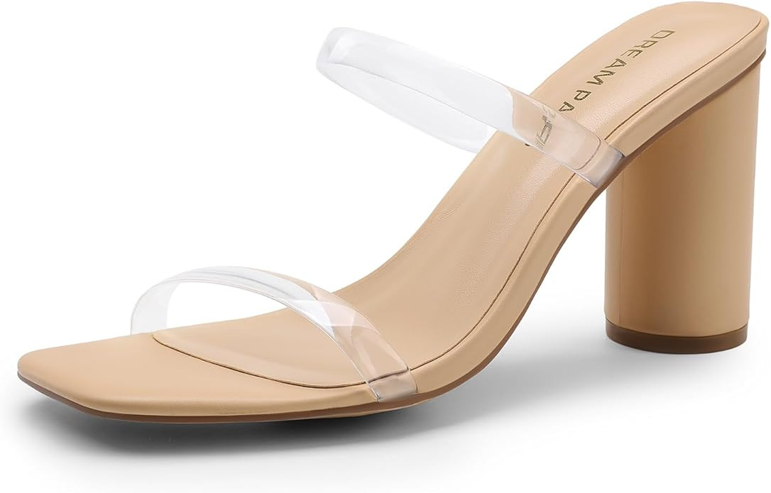 DREAM PAIRS Women's Square Open Toe Block Heels Two Strap Slip On High Heeled Slides Sandals | Amazon (US)