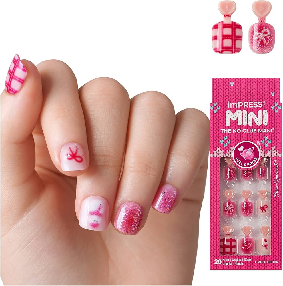 KISS imPRESS MINI Holiday Press On Nails for Kids, ‘Hahaha Ugh’, Pink, Child Size, Squoval Sh... | Amazon (US)