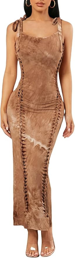 Verdusa Women's Sleeveless Tie Shoulder Backless Tie Dye Bodycon Cami Maxi Dress | Amazon (US)