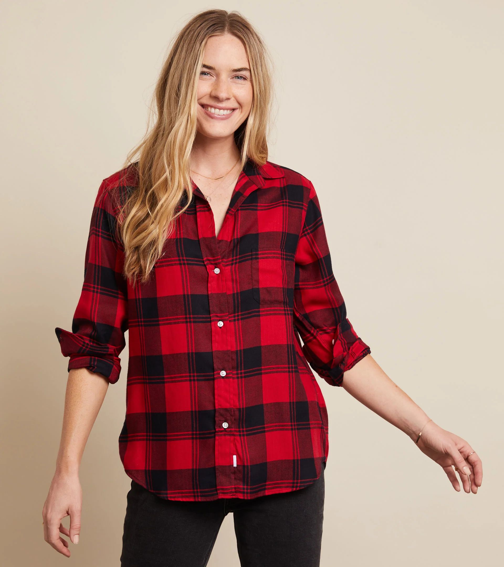 The Hero Button-Up Shirt Red and Black Plaid, Liquid Flannel | Grayson