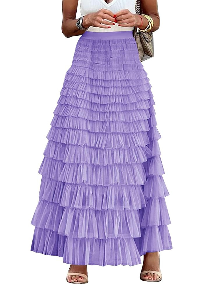 Flygo Women's Long Maxi Tulle Skirts A Line Ruffle High Waisted Tiered Layered Mesh Tutu Skirt Pe... | Amazon (US)