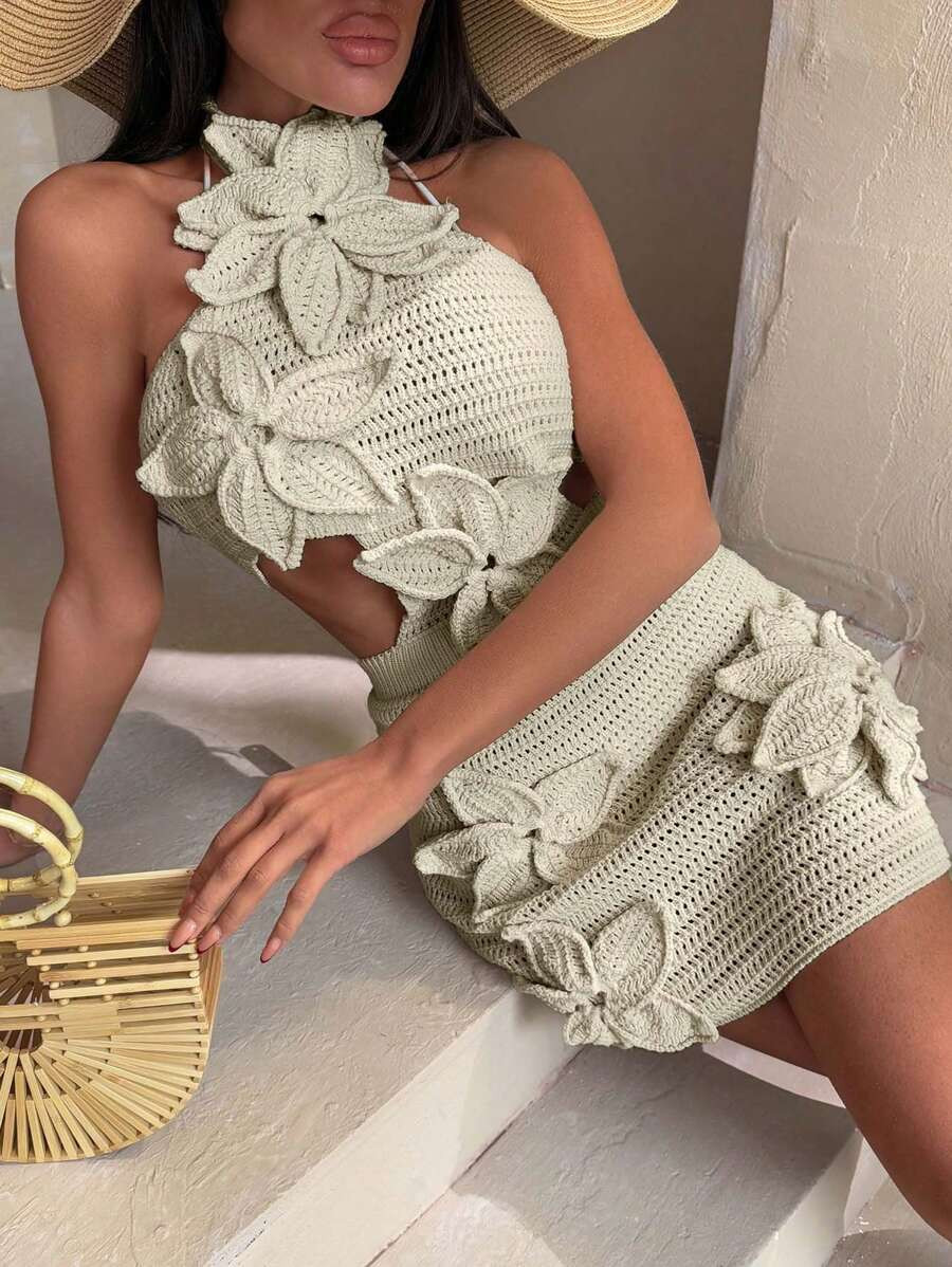 SHEIN Women Handcrafted Crochet Floral Halter Cover Up Dress Beachwear Good Quality | SHEIN