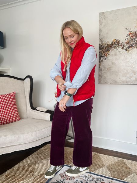 Winter Casual or Workwear Outfit of the day - personalized tailored stripe shirt, red puffer vest, Anthropologie Colette cropped wide leg pants, Nike sneakers, socks
Love, Claire Lately 

#LTKstyletip #LTKworkwear #LTKshoecrush