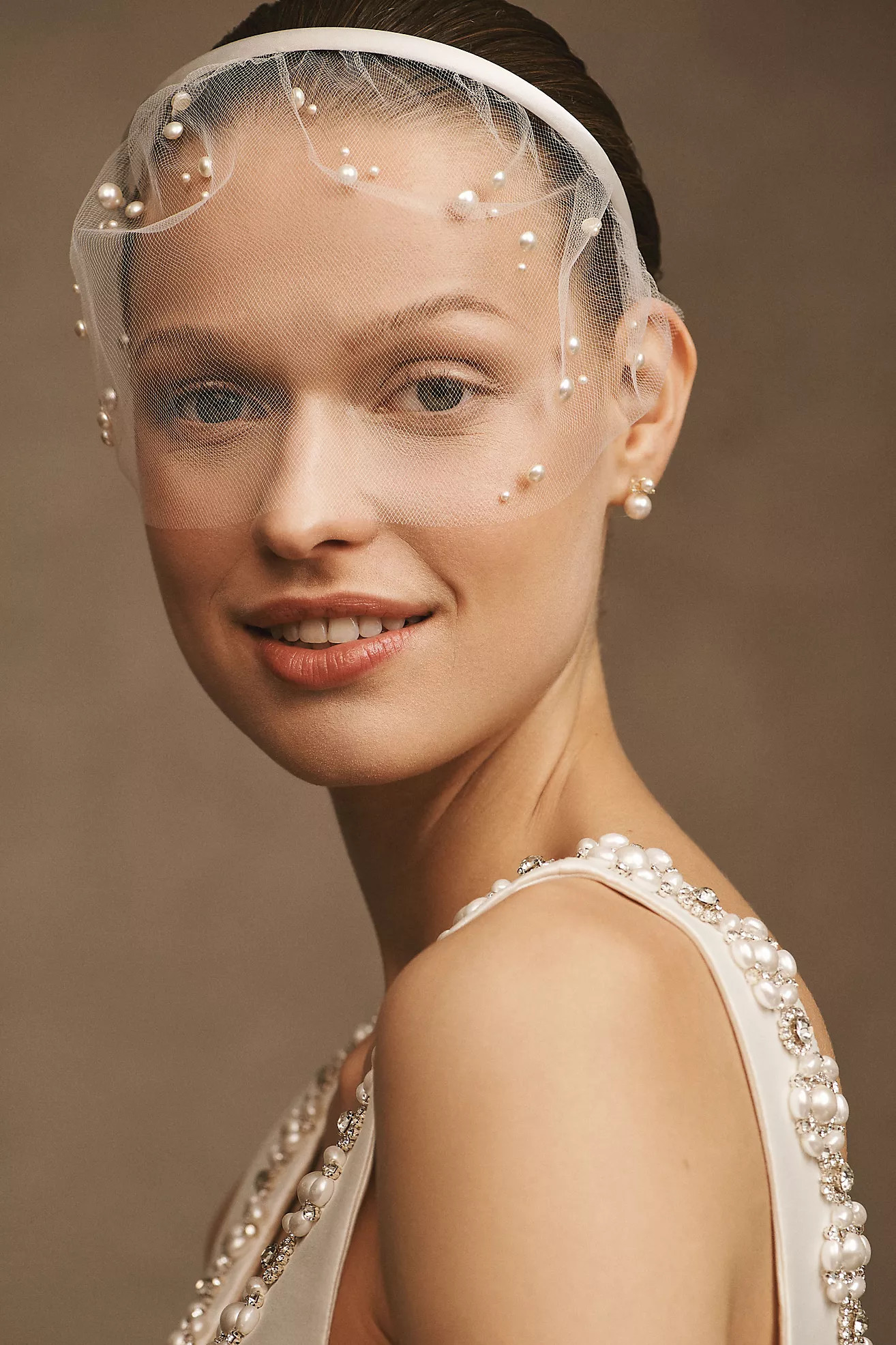 Pearl-Adorned Tulle Birdcage Headband Veil | Anthropologie (US)