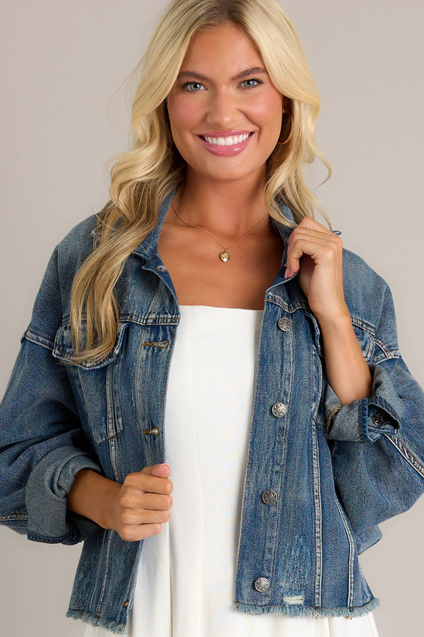 All The Buzz Distressed Dark Wash Denim Jacket | Red Dress
