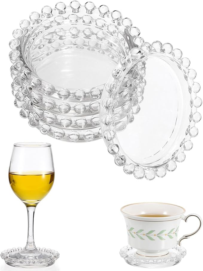 JUXYES Set of 5 Glass Coasters Round Cup Mat, Clear Glass Coasters for Drinks Coffee Tea Wine, De... | Amazon (US)