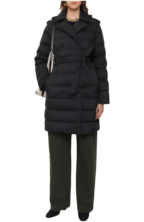 burberry Mid-length Nylon Hooded Puffer Coat in Black at Nordstrom, Size Medium | Nordstrom