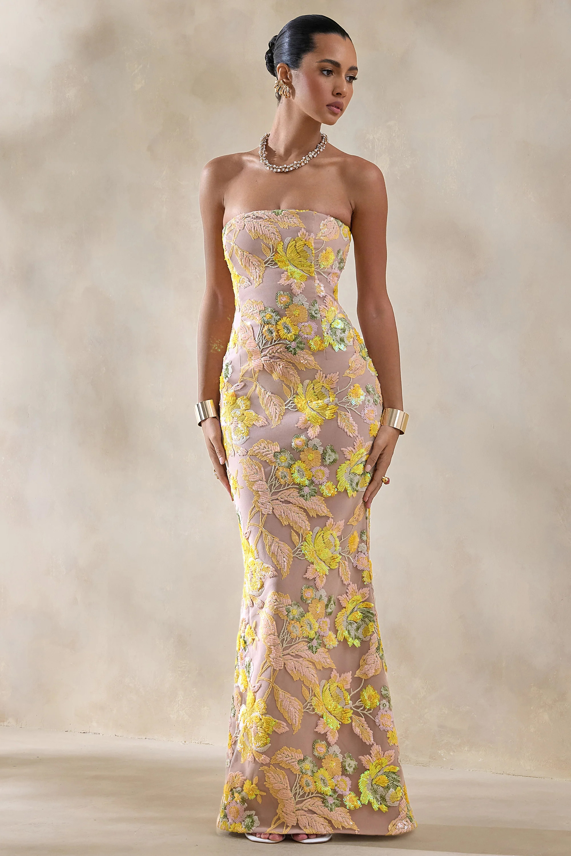 Severn | Yellow Embellished Floral Bandeau Maxi Dress | Club L London