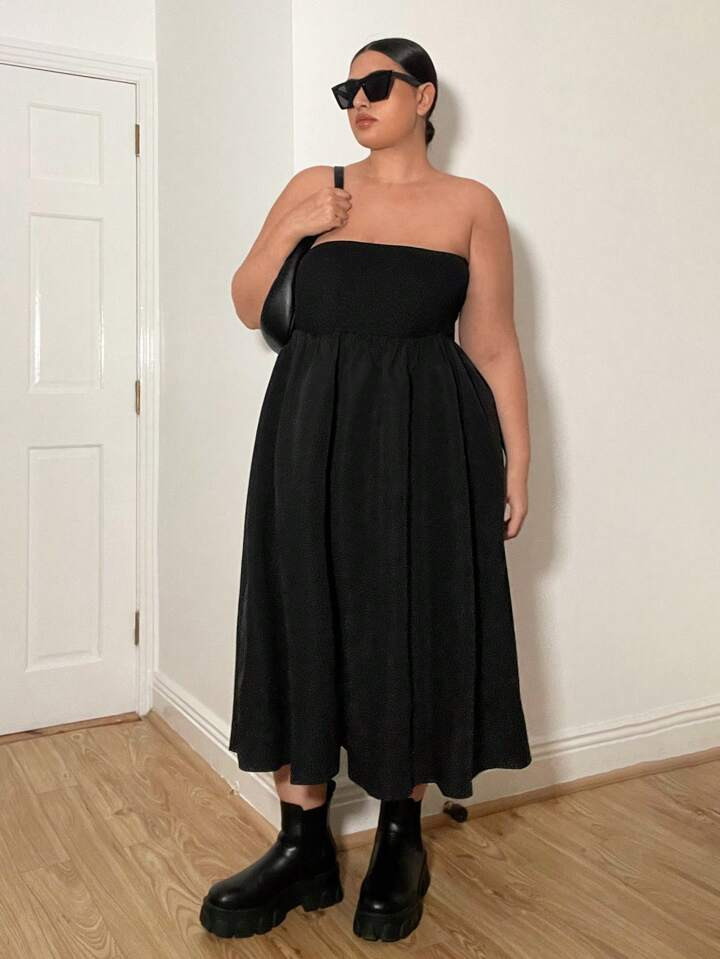 SHEIN Essnce Women's Plus Size Summer Casual Vacation Tube Top Pocket Black Dress Long Dress | SH... | SHEIN